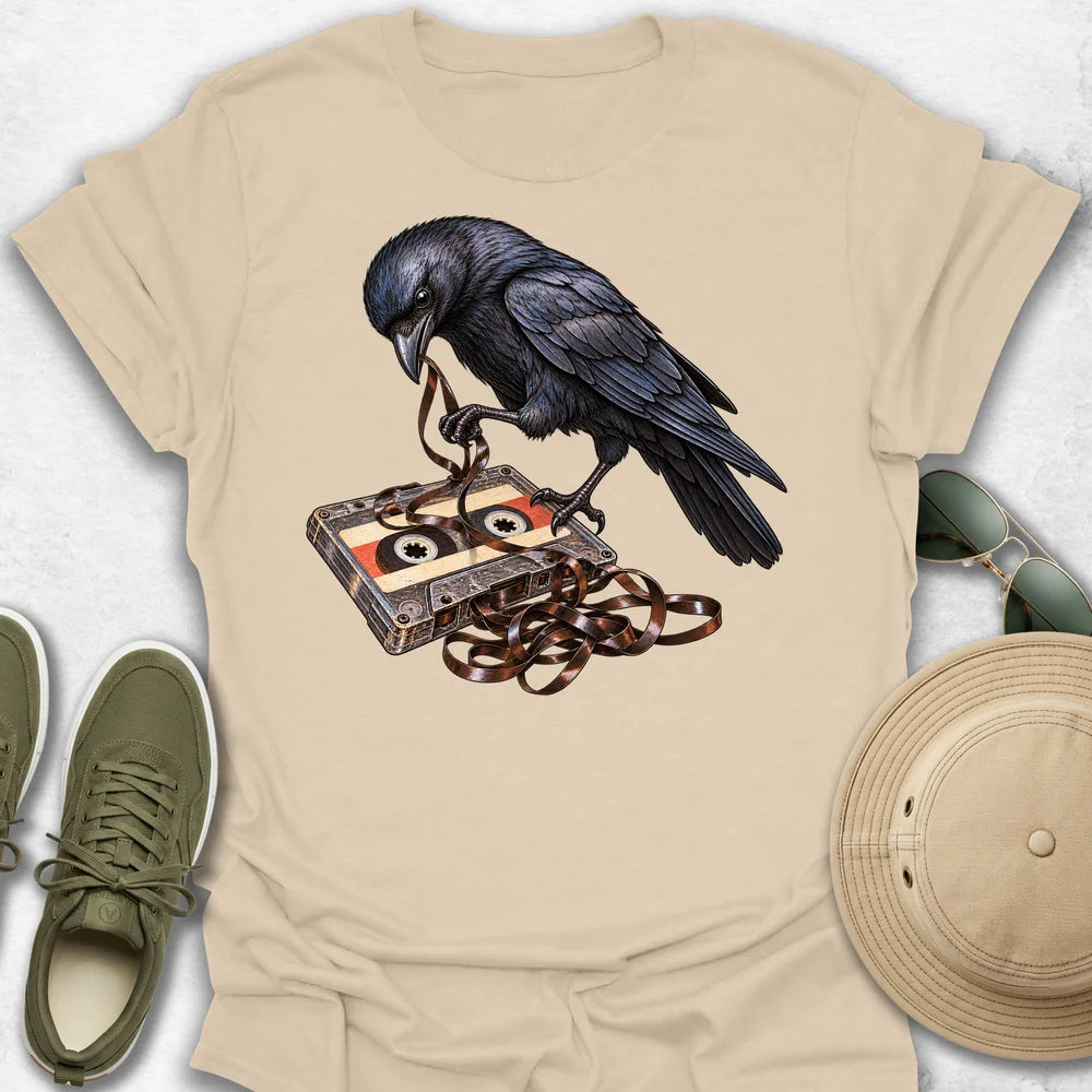 Mischievous Crow Unravels Cassette Tape T-Shirt