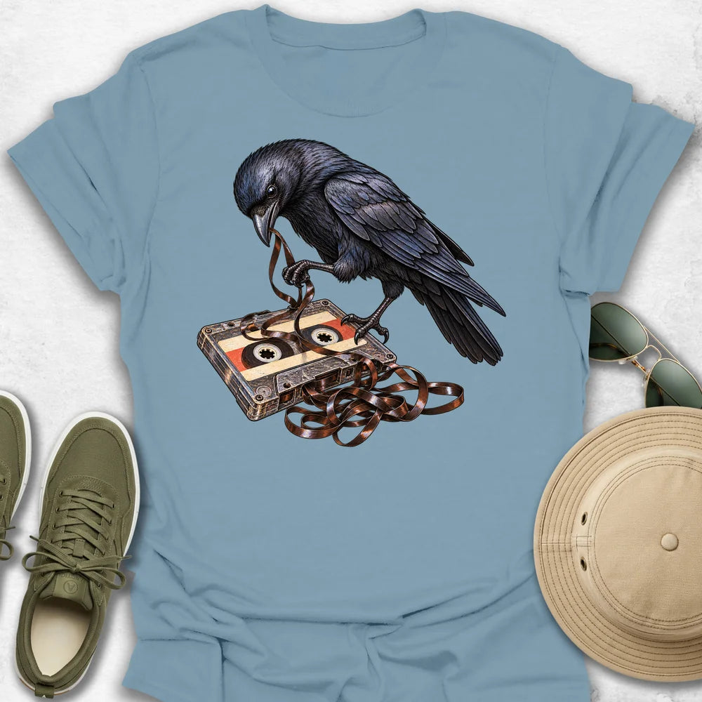 Mischievous Crow Unravels Cassette Tape T-Shirt