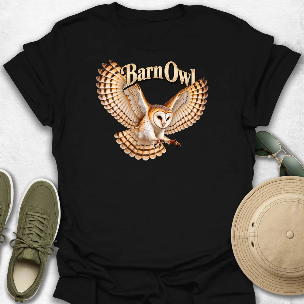 Barn Owl in Flight with Name T-Shirt in Black