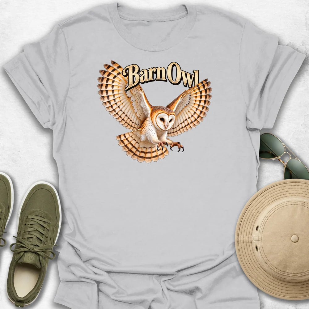 Barn Owl in Flight with Name T-Shirt in Ice Grey