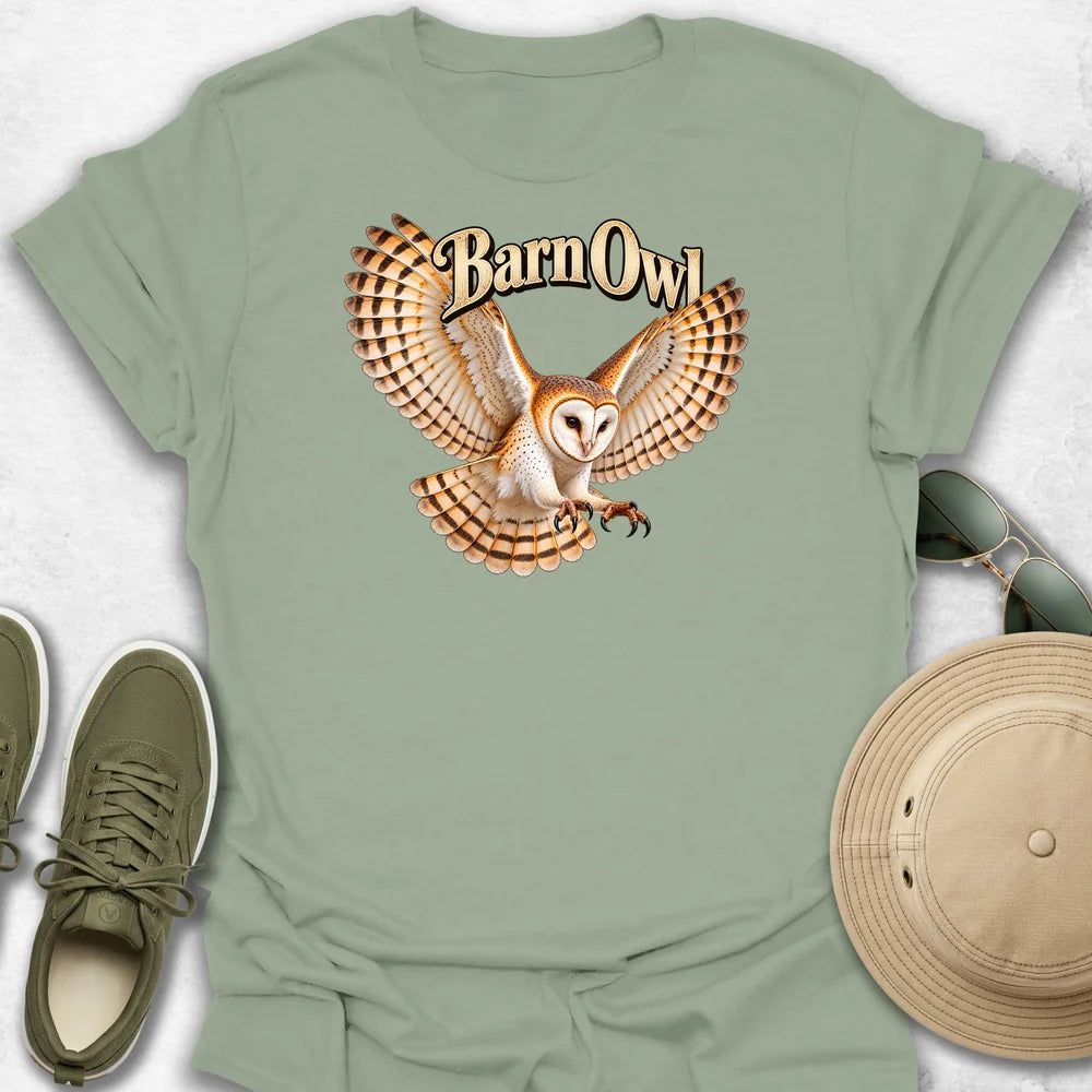 Barn Owl in Flight with Name T-Shirt in Sage
