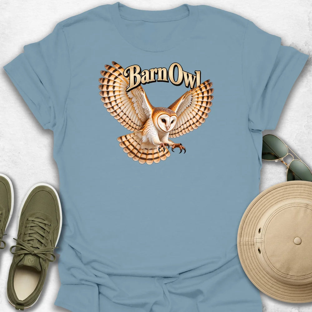 Barn Owl in Flight with Name T-Shirt in Stone Blue