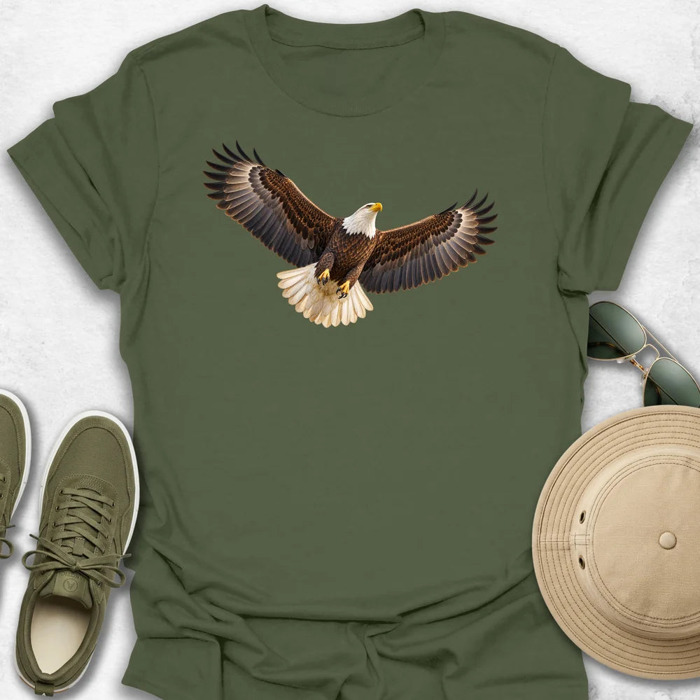 Majestic Bald Eagle in Flight T-Shirt in Military Green