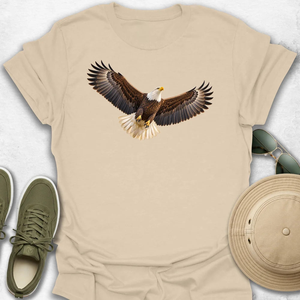 Majestic Bald Eagle in Flight T-Shirt in Sand