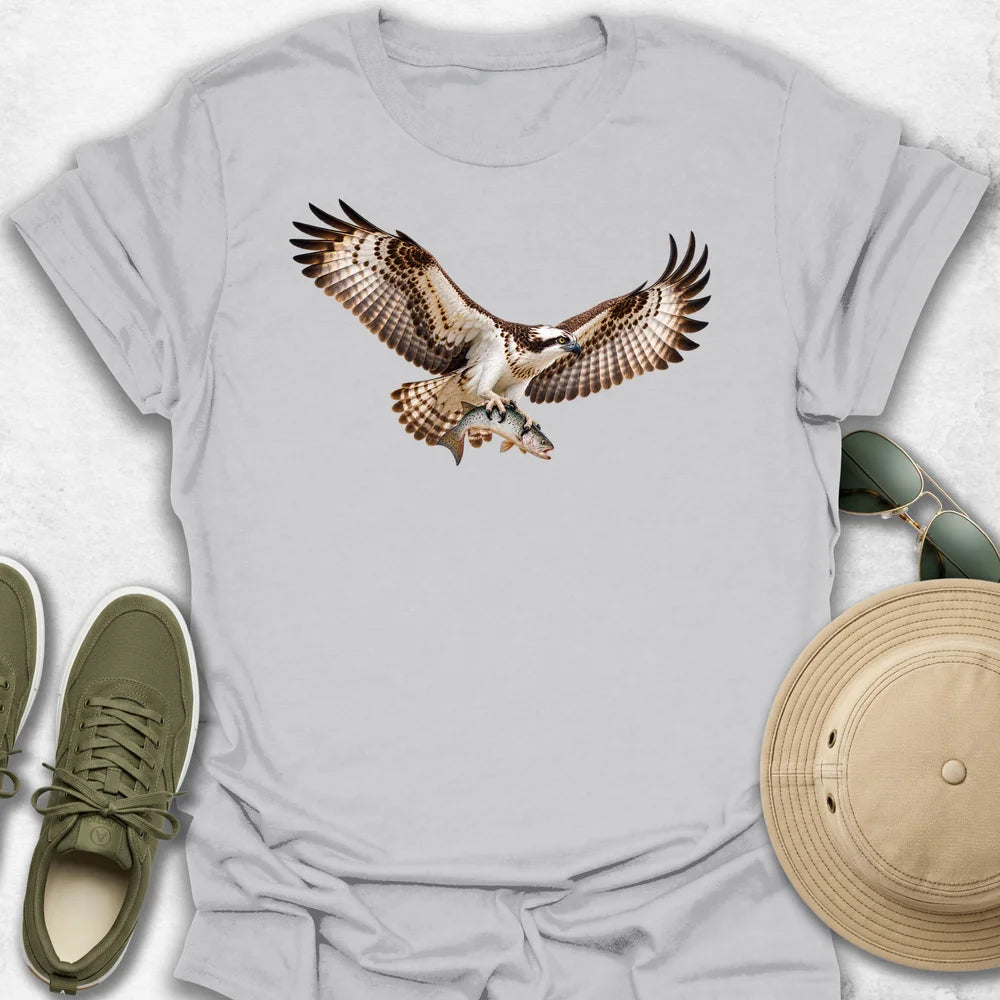 Osprey in Flight with Freshly Caught Fish T-Shirt in Ice Grey