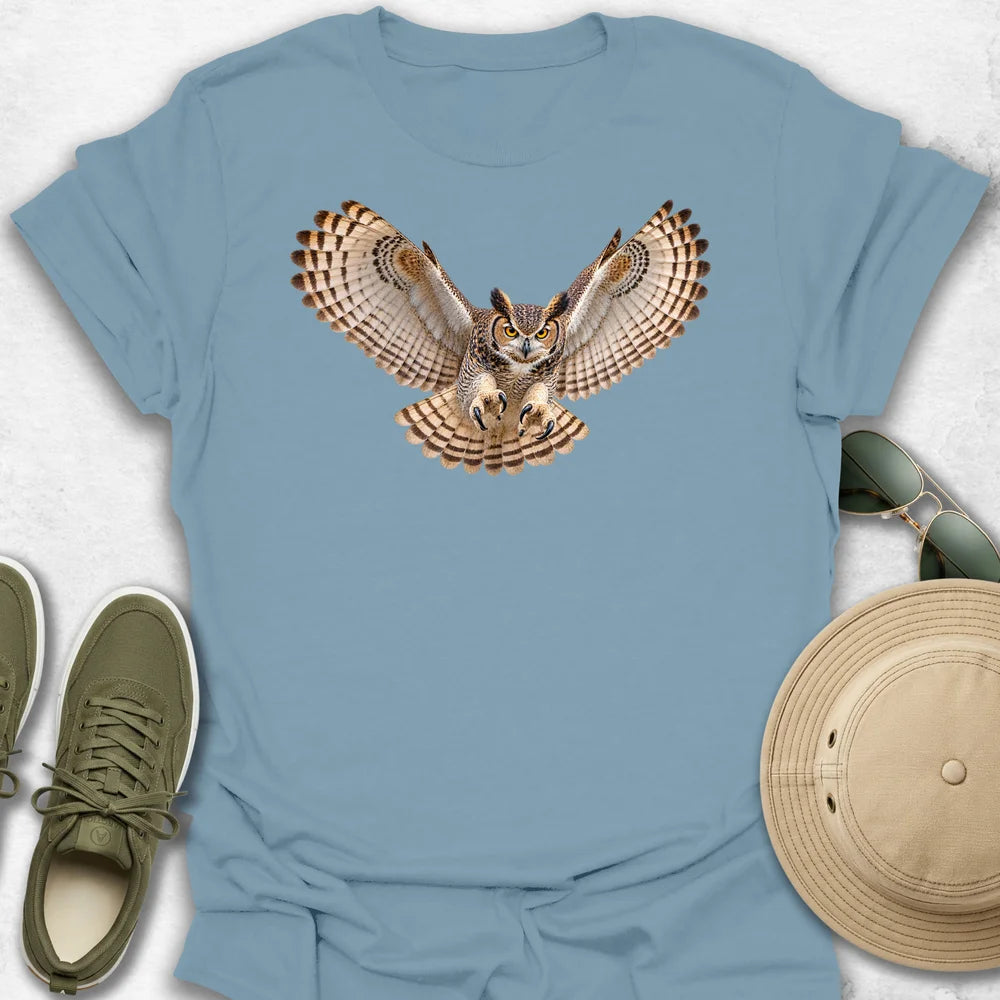 Great Horned Owl in Flight T-Shirt in Stone Blue