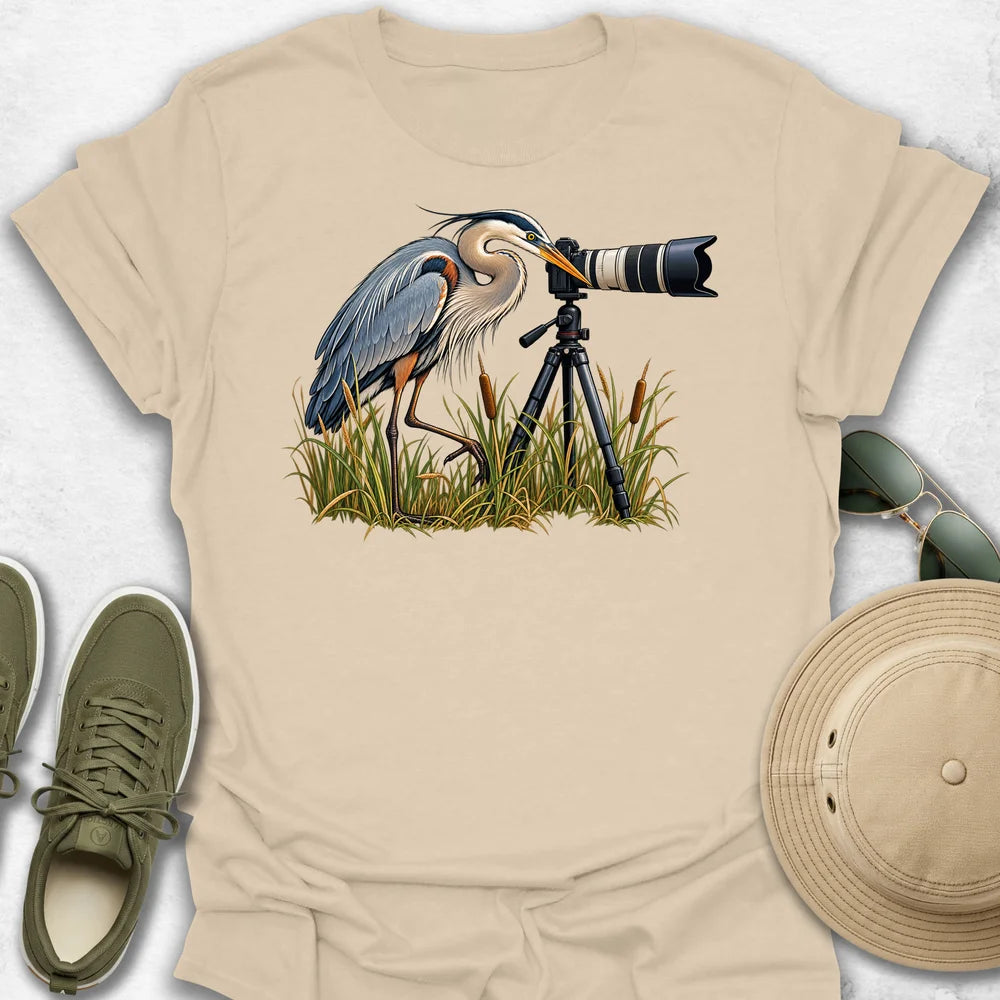 Great Blue Heron Photographer in the Marsh T-Shirt