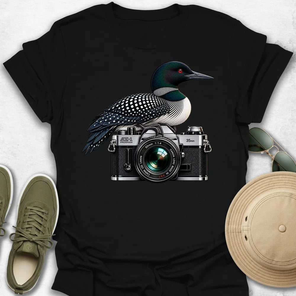 Common Loon on Camera T-Shirt in Black