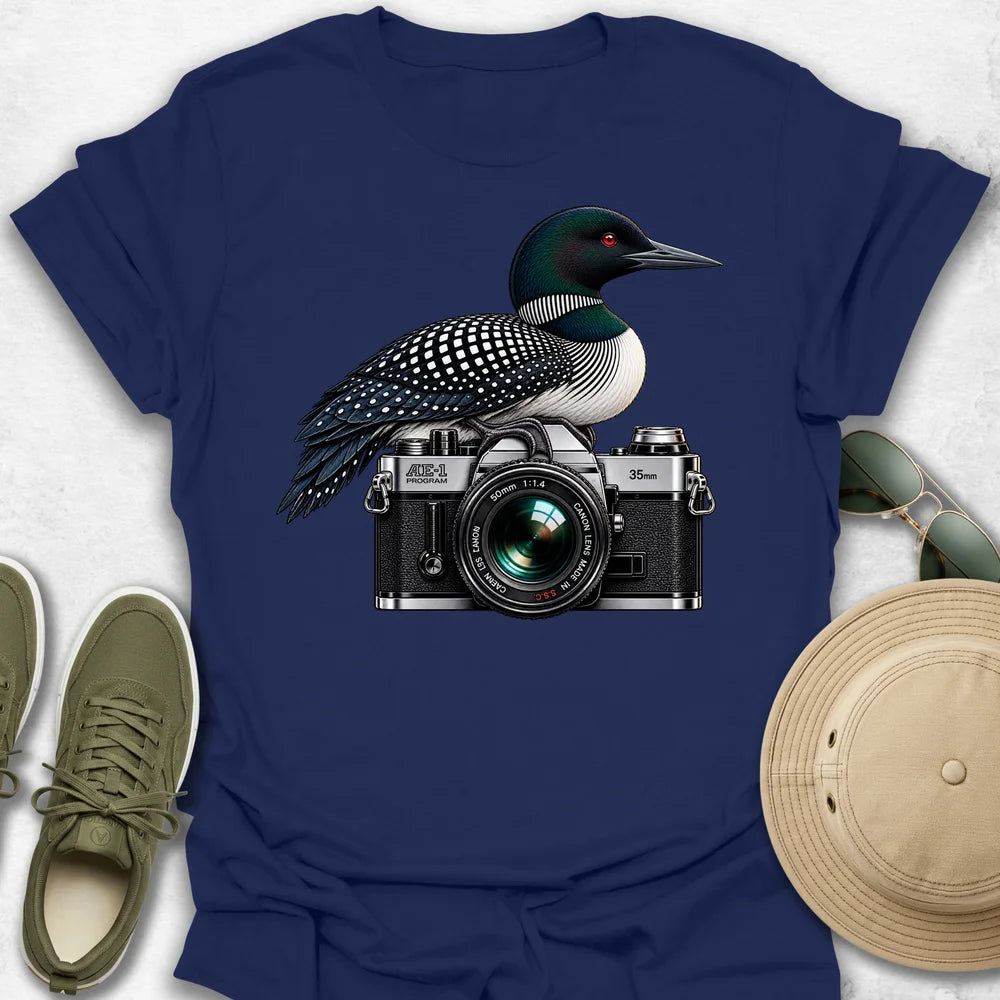 Common Loon on Camera T-Shirt in Navy