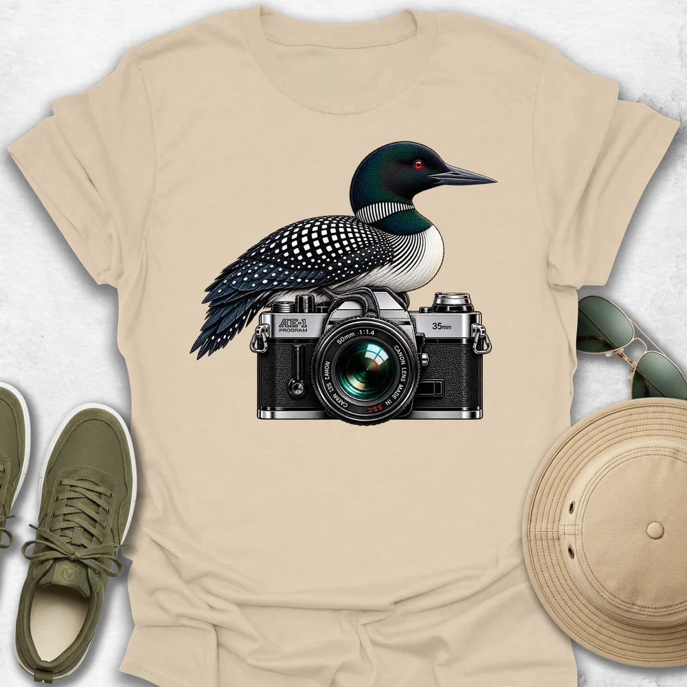 Common Loon on Camera T-Shirt in Sand
