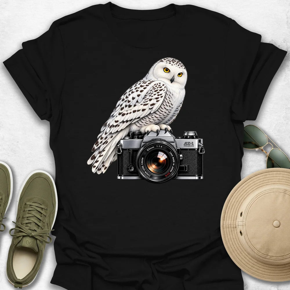 Snowy Owl on Camera T-Shirt in Black