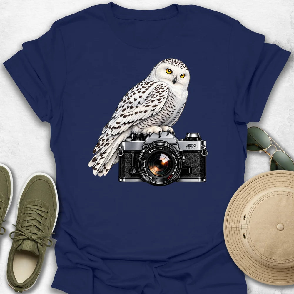 Snowy Owl on Camera T-Shirt in Navy