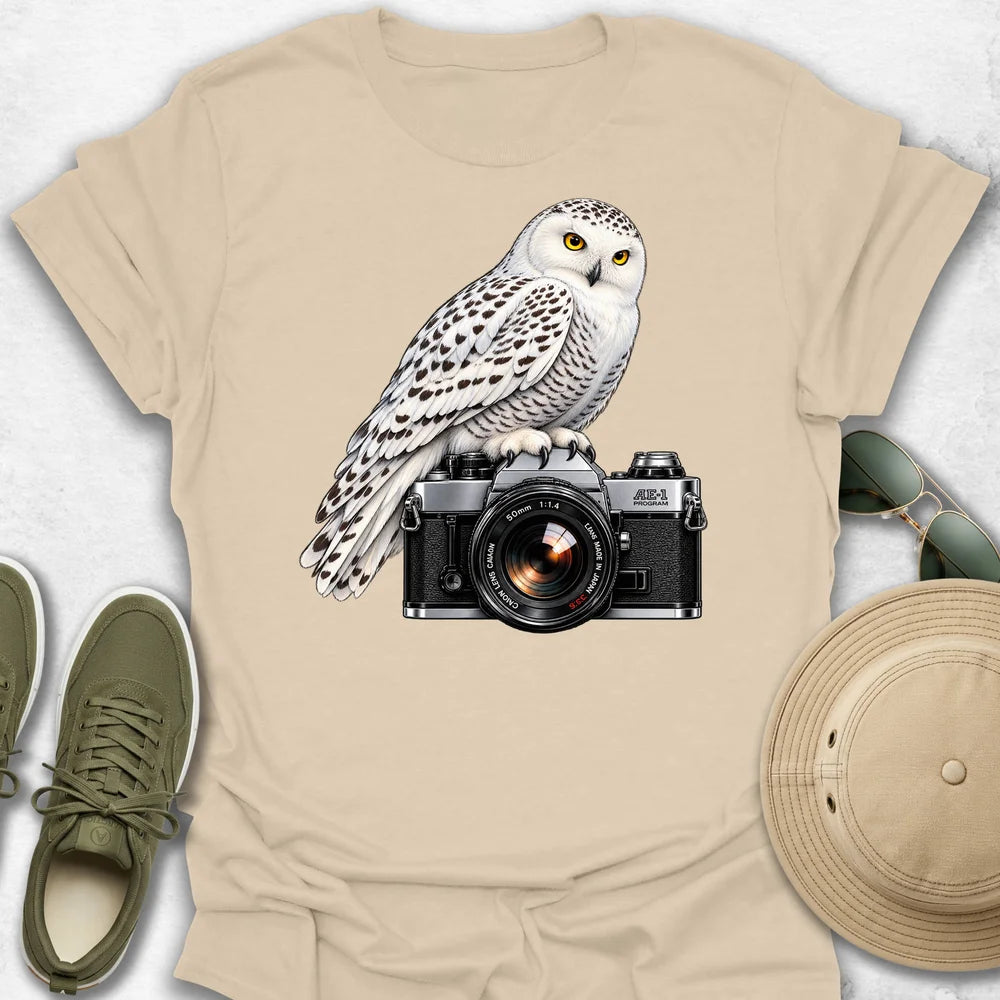 Snowy Owl on Camera T-Shirt in Sand