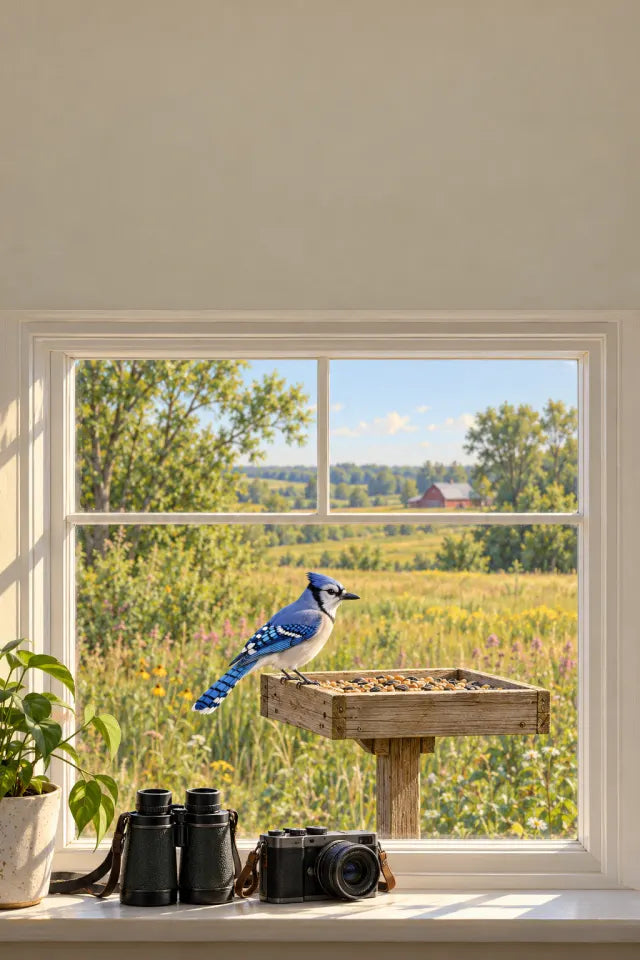 Cover of your Central Feeder Field Guide: a feeder bird seen through a window