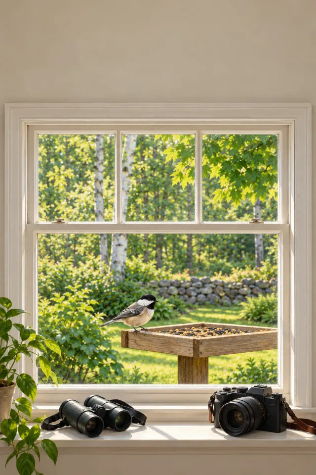 Cover of your Northeast Feeder Field Guide: a feeder bird seen through a window