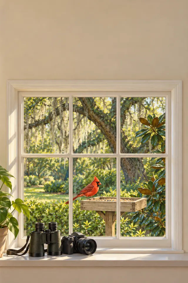 Cover of your Southeast Feeder Field Guide: a feeder bird seen through a window