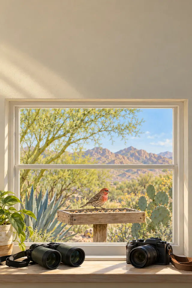 Cover of your Southwest Feeder Field Guide: a feeder bird seen through a window