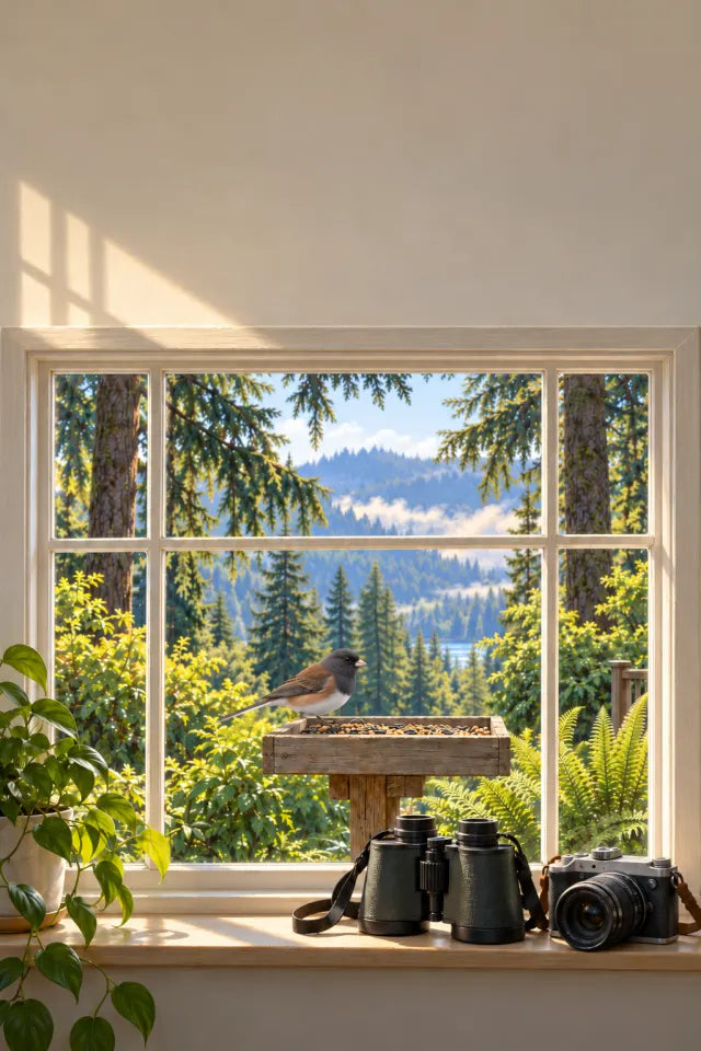 Cover of your Northwest Feeder Field Guide: a feeder bird seen through a window